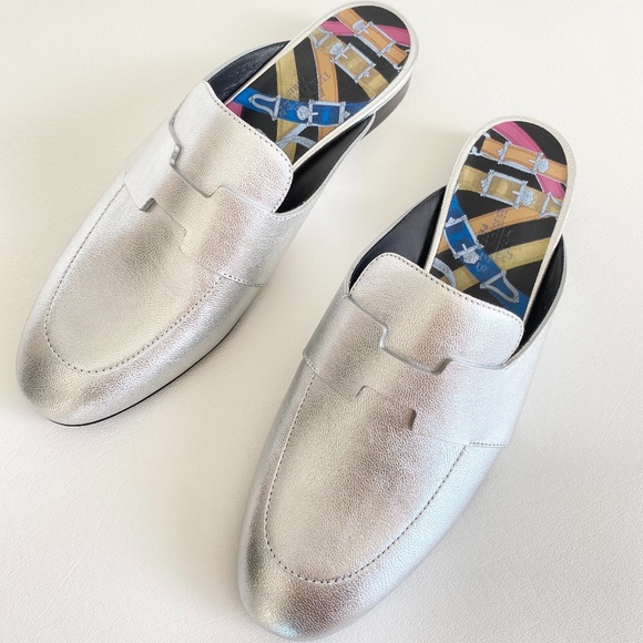 HERMES H CATENA SILVER LEATHER MULES FLIP FLOPS SHOES FLAT SLIDES 36 - Picture 8 of 15